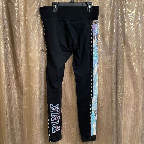 PINK Victoria’s Secret Mermaid Flip Sequin Bling Black Yoga Leggings, Medium - Picture 3 of 9